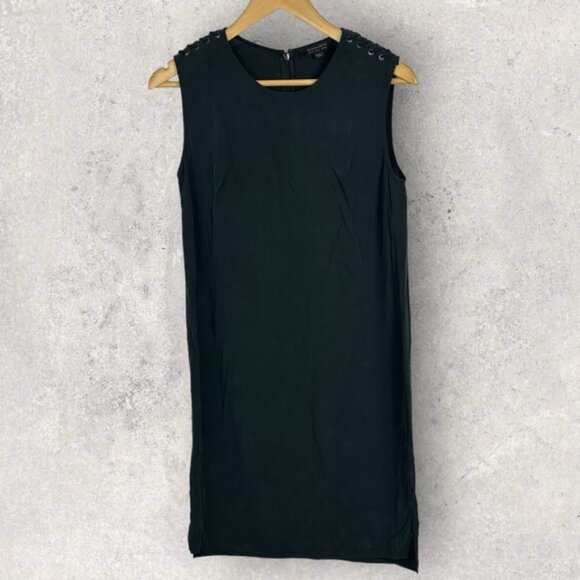 Allsaints Kaili Black Laced Dress Size 2 Shift Minimalist Split 100% Modal Mini - Picture 12 of 14